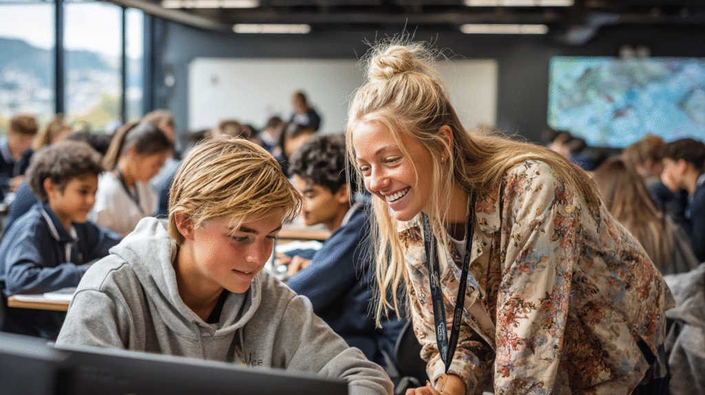 Students engaging with a teacher in a phone-free New Zealand classroom.
