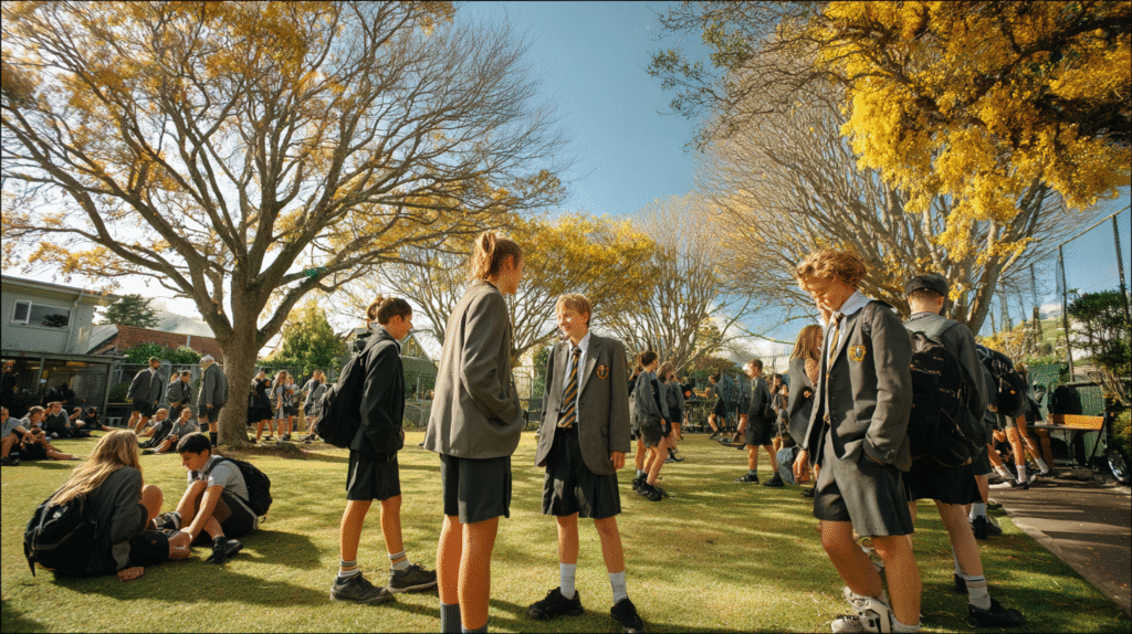 New Zealand students engaging socially in a school courtyard without phones — supported by lockable phone pouches for schools