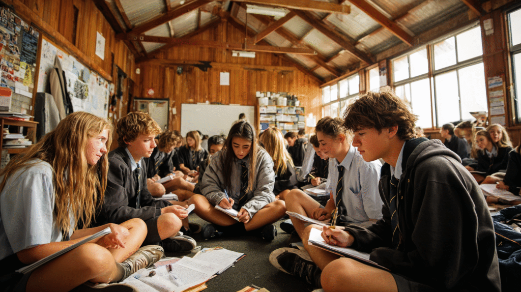 Students in New Zealand using lockable phone pouches for schools